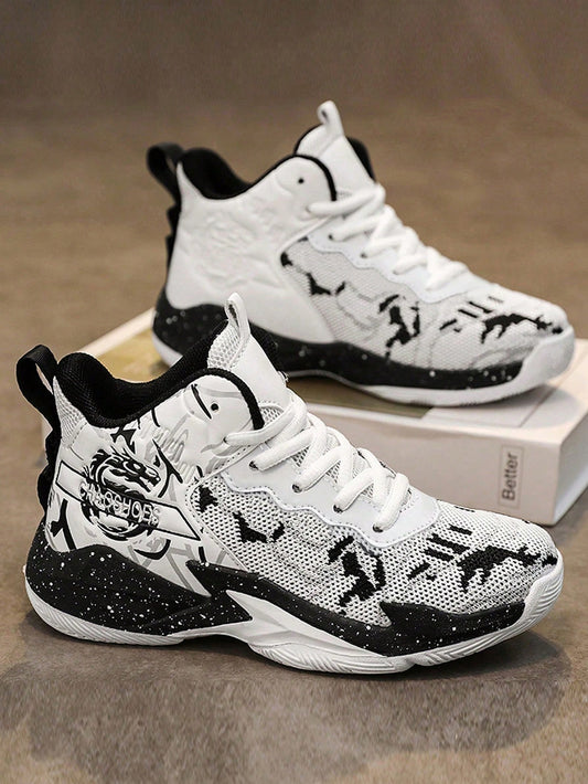 1 Pair Boys' Fashionable Printed Pu Fabric Splicing Design Non-Slip Wear-Resistant Basketball Shoes, Suitable For Indoor And Outdoor Training All Year Round