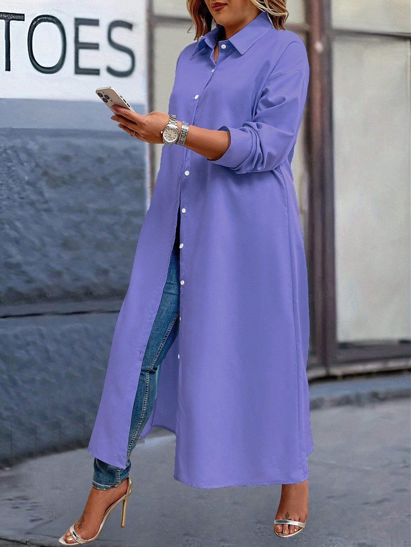 Plus Size Women's Solid Color Long Shirt Dress