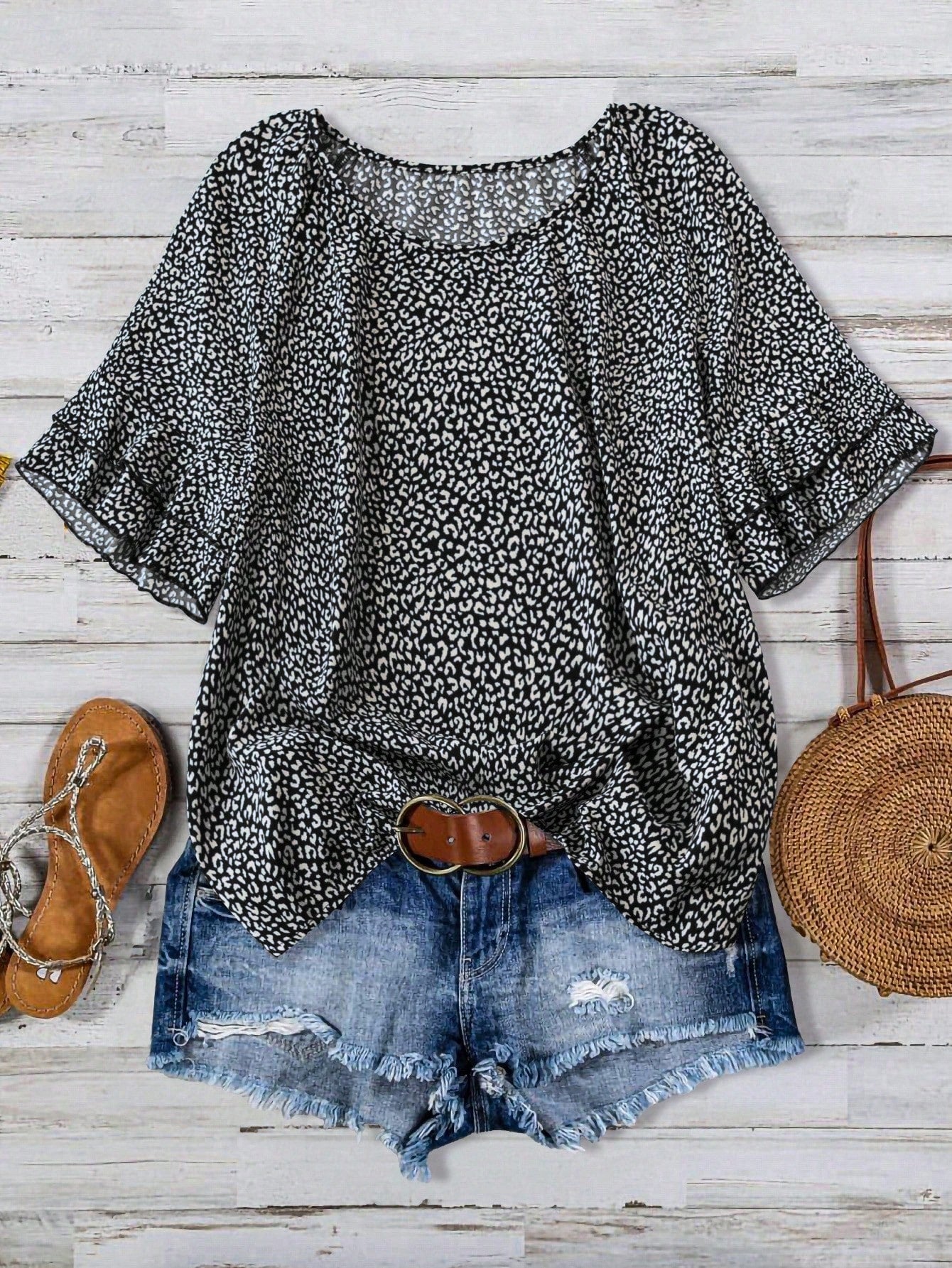 Plus Size Vacation Leisure Leopard Print Ruffle Sleeve Shirt