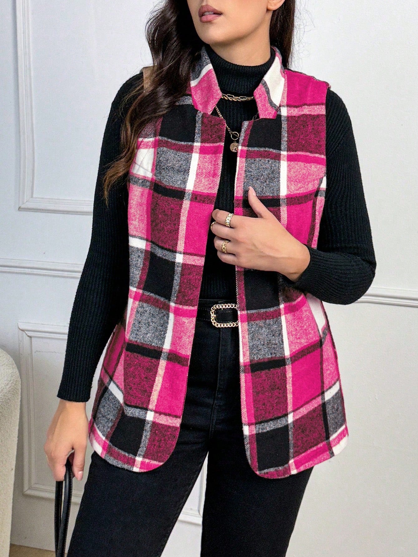 Plus Plaid Print Open Front Vest Blazer