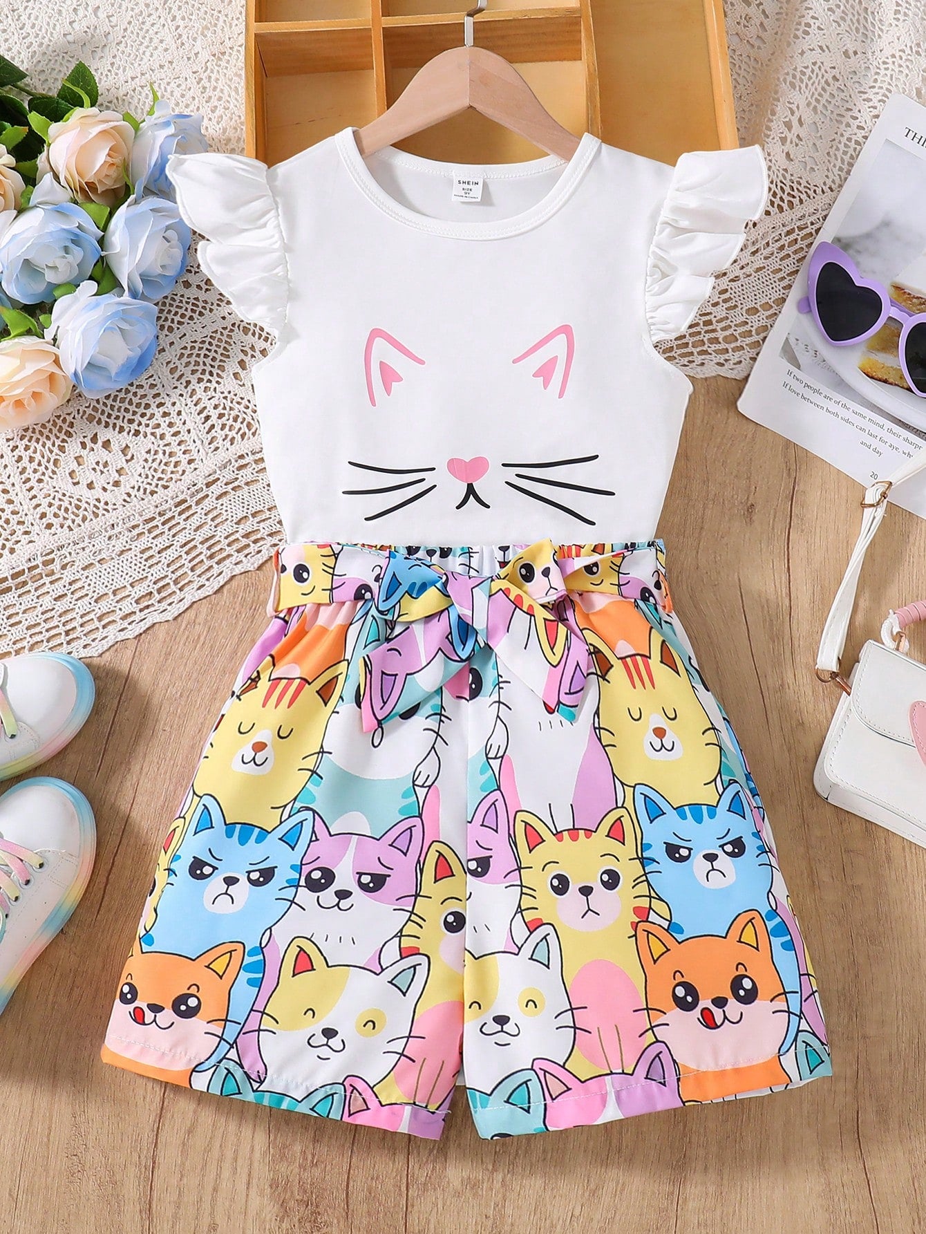 Tween Girl 2pcs/Set Cute Cartoon Cat Print Sleeveless Round Neck Top And All-Over Print Shorts