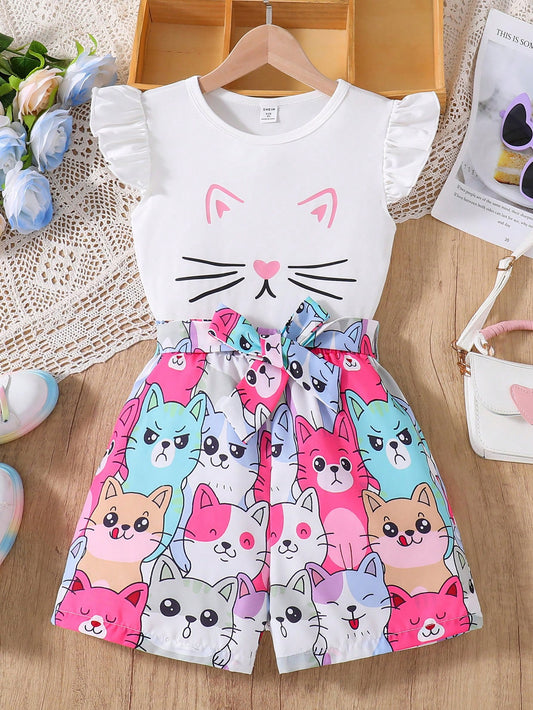 Tween Girl 2pcs/Set Cute Cartoon Cat Print Sleeveless Round Neck Top And All-Over Print Shorts