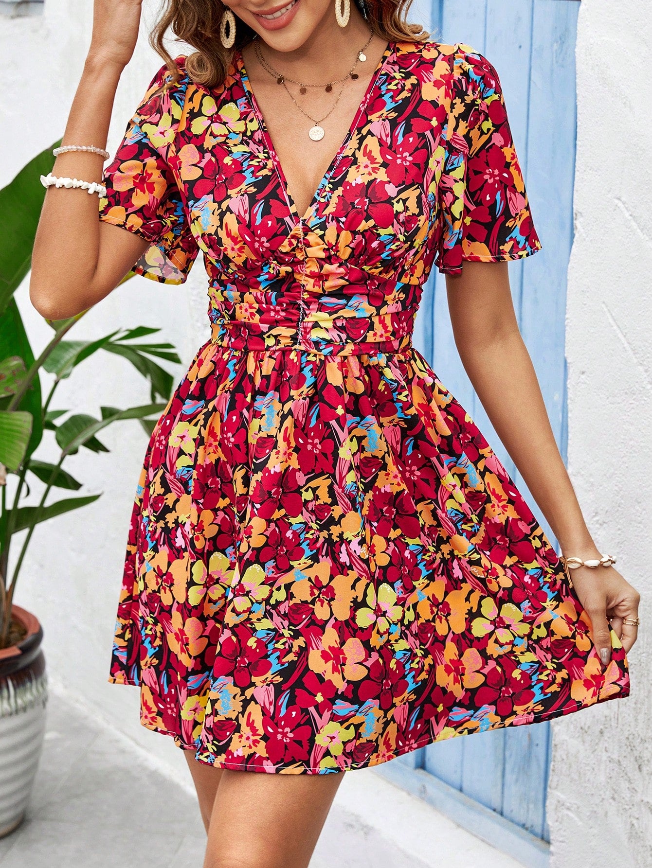 Women's Summer Holiday Casual Ditsy Floral Cinching Waist Dress