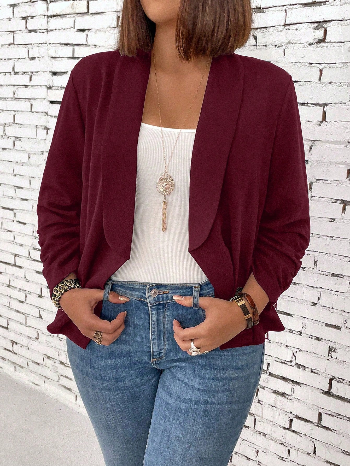 Plus Size Women Fashion Solid Color Long Sleeve Blazer Jacket