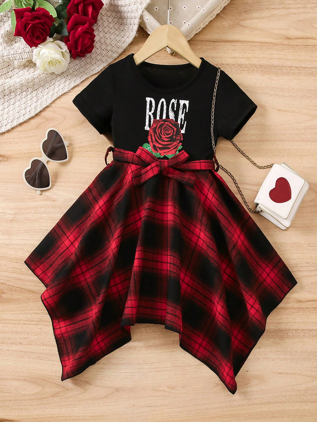 Young Girl Floral & Letter Graphic Plaid Asymmetrical Hem Dress