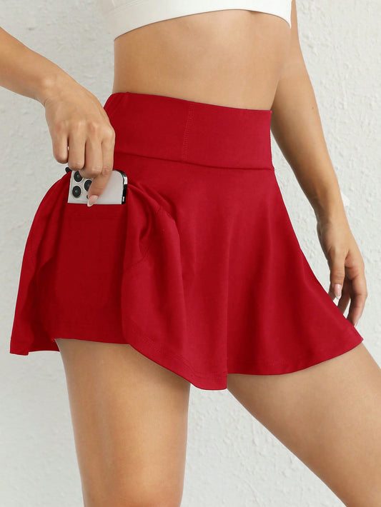 Red Knitted Leisure Sports Skirt With Pockets