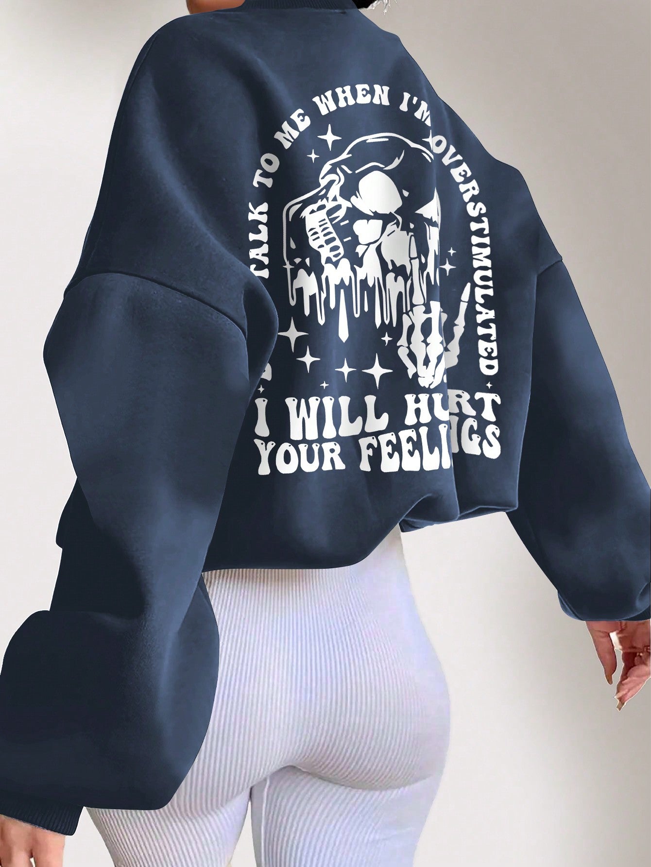 Plus Size Skull Print Crew Neck Sweatshirt With Slogan