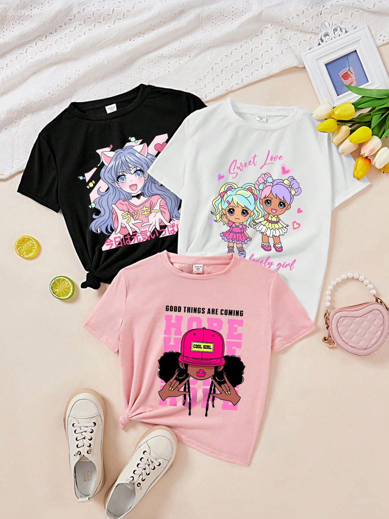 Multipack Casual Simple Cartoon Pattern T-Shirts For Tween Girls, Suitable For Summer