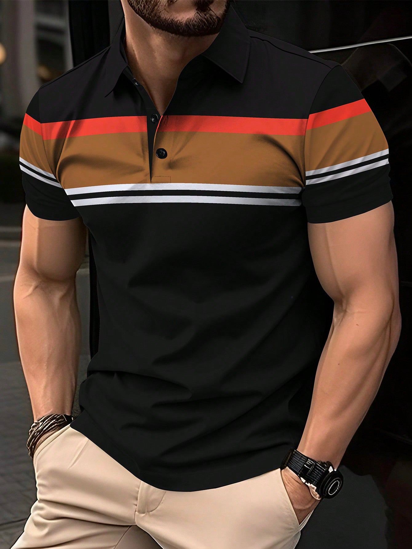 Men Color Block Short Sleeve Polo Shirt For Summer