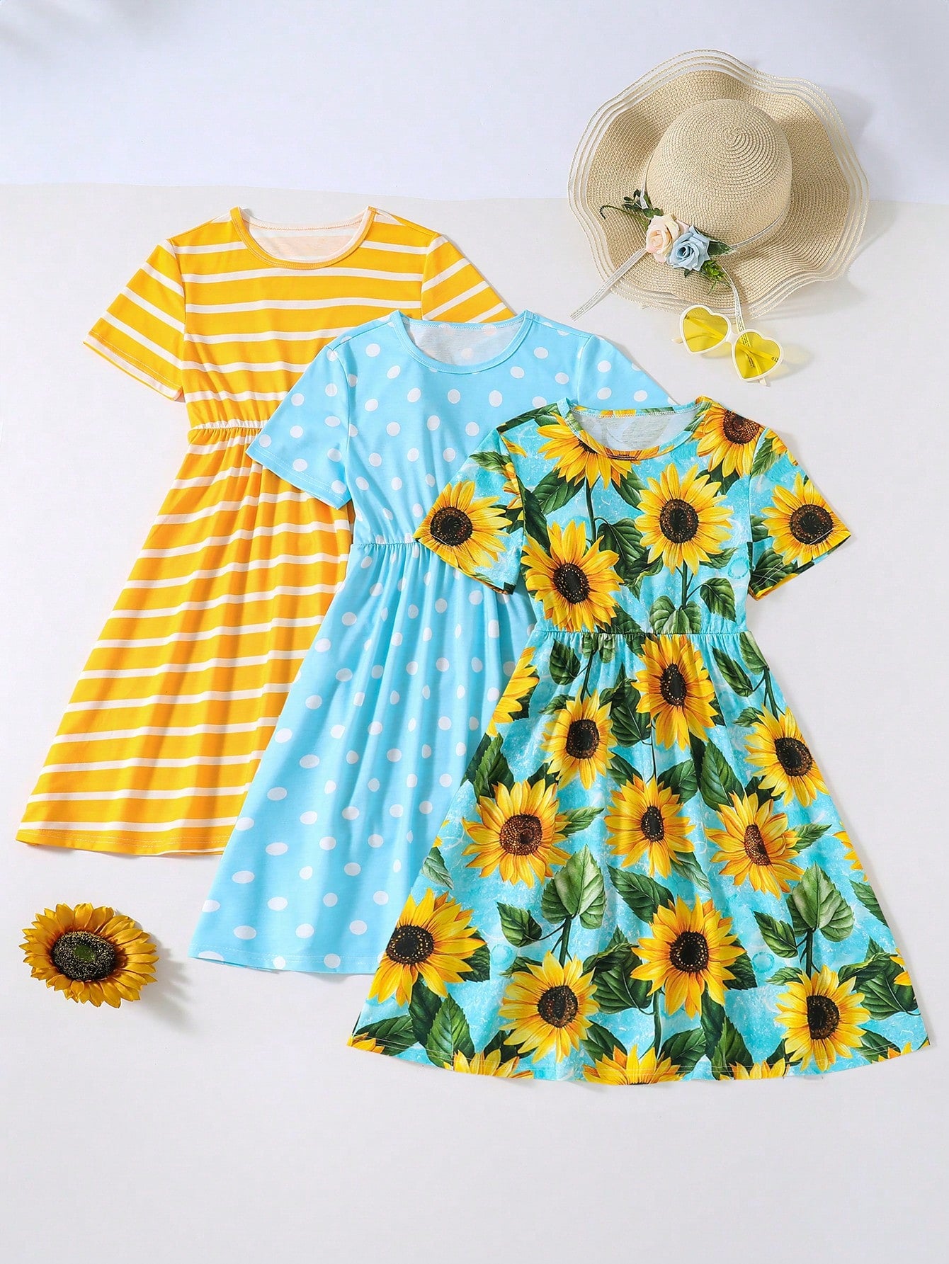 3pcs/Set Tween Girls Striped Polka Dots Sunflower Pattern Printed Casual Short Sleeve Dress For Summer