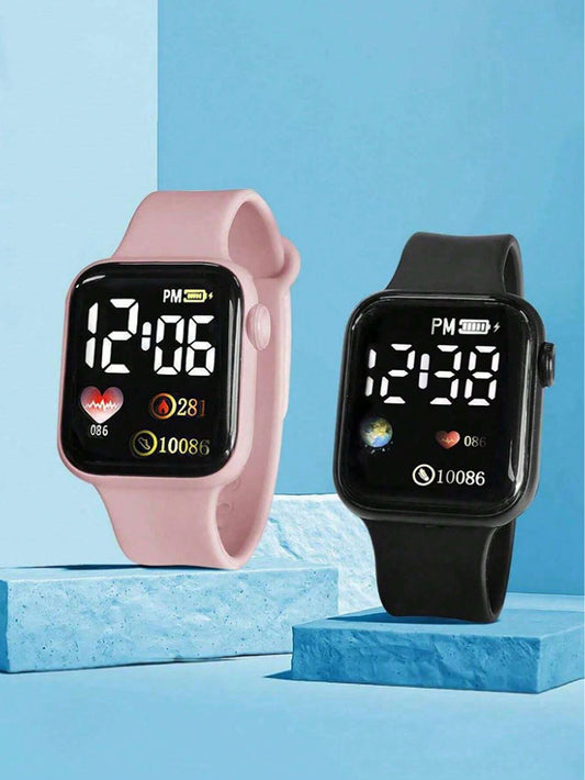 2-Pack Black And Pink PVC Strap Sports Style Square Digital Watch, Suitable For Daily Life