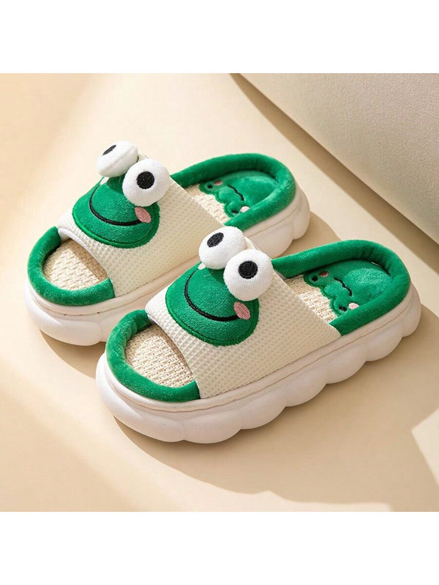 Linen Slippers Cartoon Frog Cute Home Indoor Anti-Slip Women Shoes Outdoor Couples Slippers For Men & Women