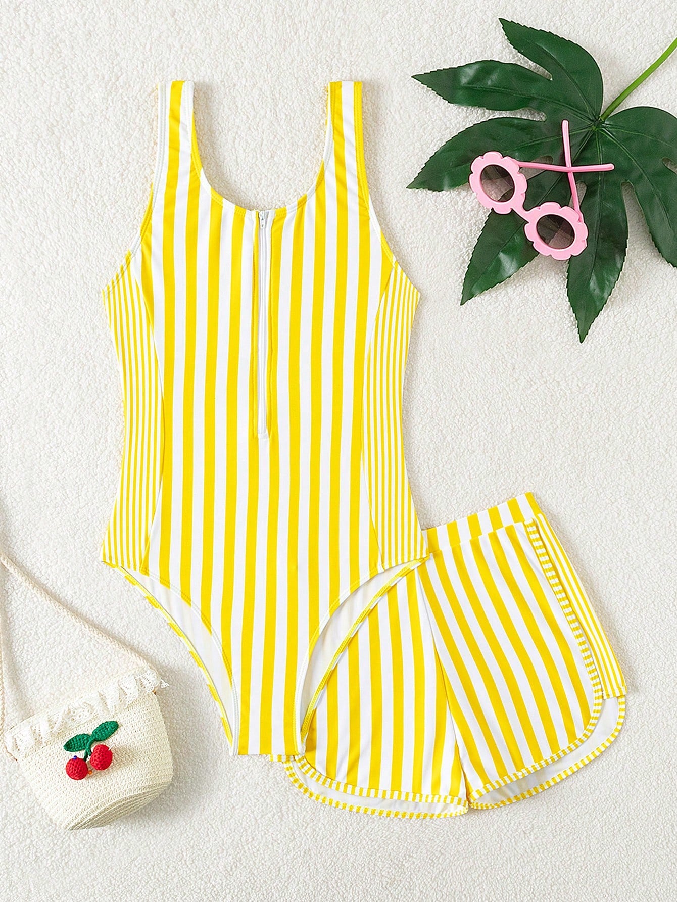 Teen Girl Cute Striped Zipper Half Placket One Piece Swimsuit With Shorts For Summer Beach And Swimming