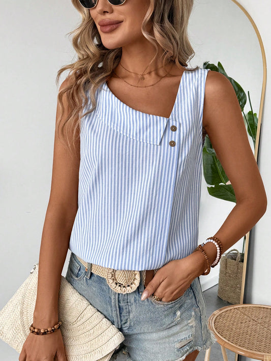 Women Asymmetrical Collar Button Decor Blue And White Striped Casual Vacation Sleeveless Shirt For Summer