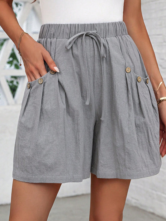 Women Grey Elastic Waist Wide-Leg Shorts With Double Pockets