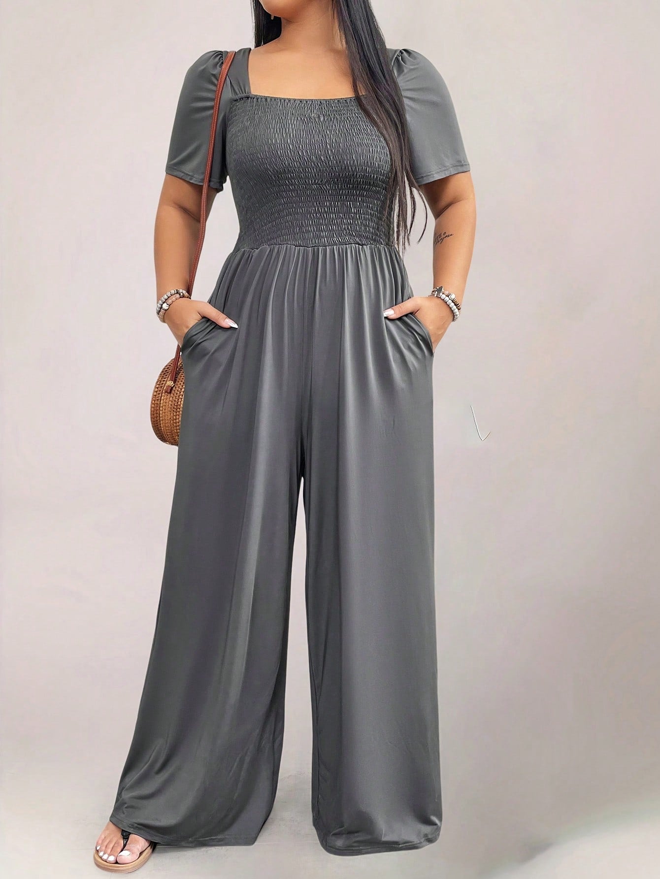 Plus Size Square Neck Loose Fit Short Sleeve Jumpsuit With Pockets