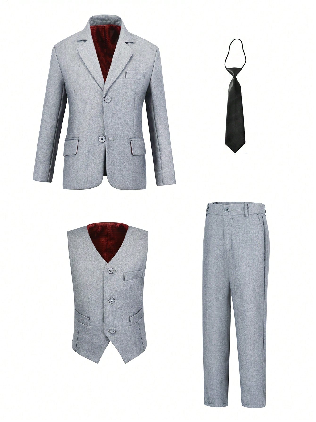 4pcs Tween Boy Formal Suit Set: Light Gray Jacket, Pants, Vest, Tie, For Back To School Season