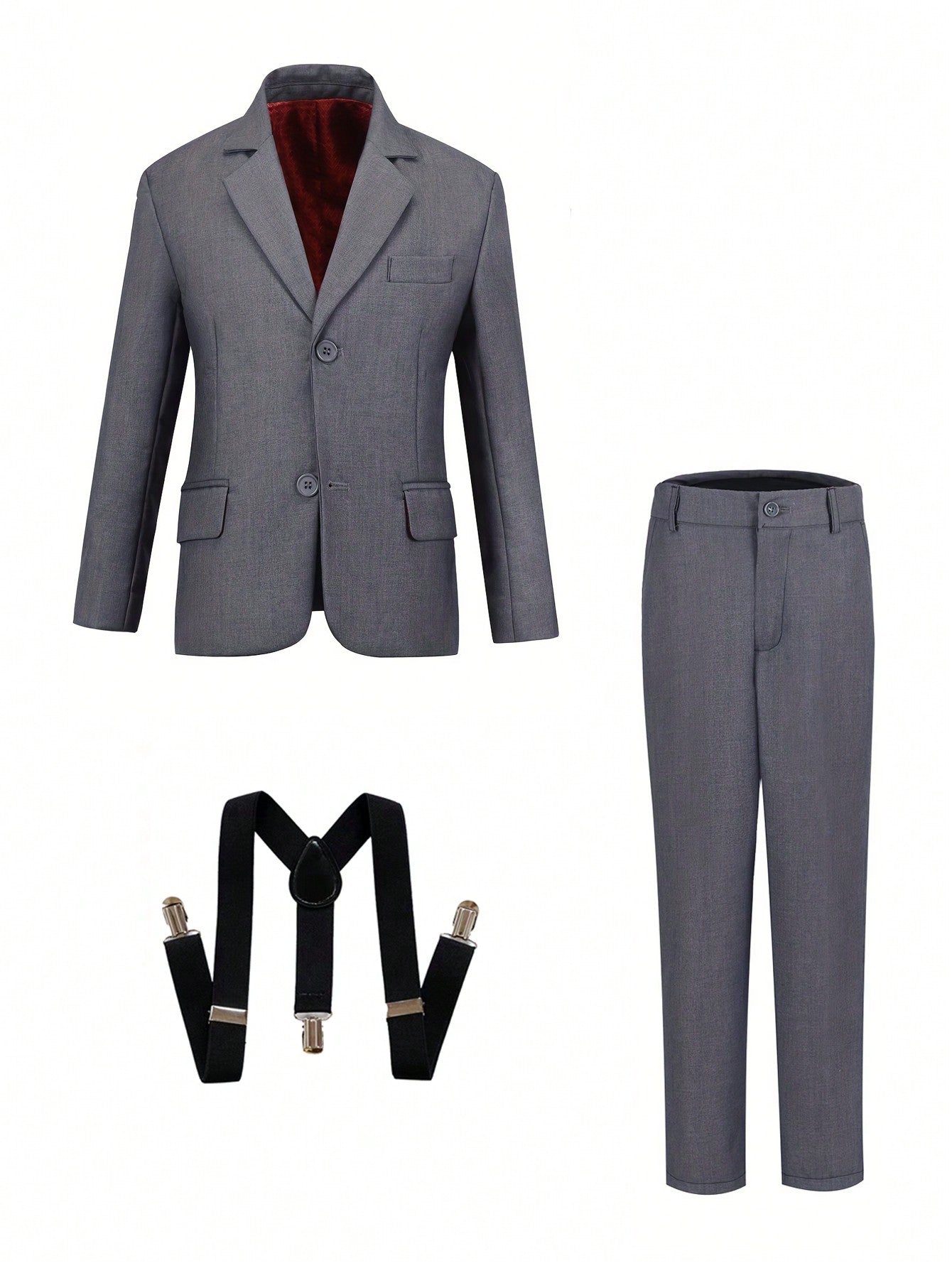 Back To School Season Handsome Slim Fit Dark Blue Three-Piece Suit For Tween Boys, Including Suit Jacket, Pants And Braces