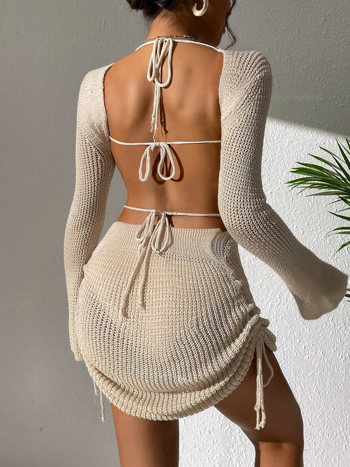 Swim Backless Drawstring Cover Up With Side Tie,Summer Beach