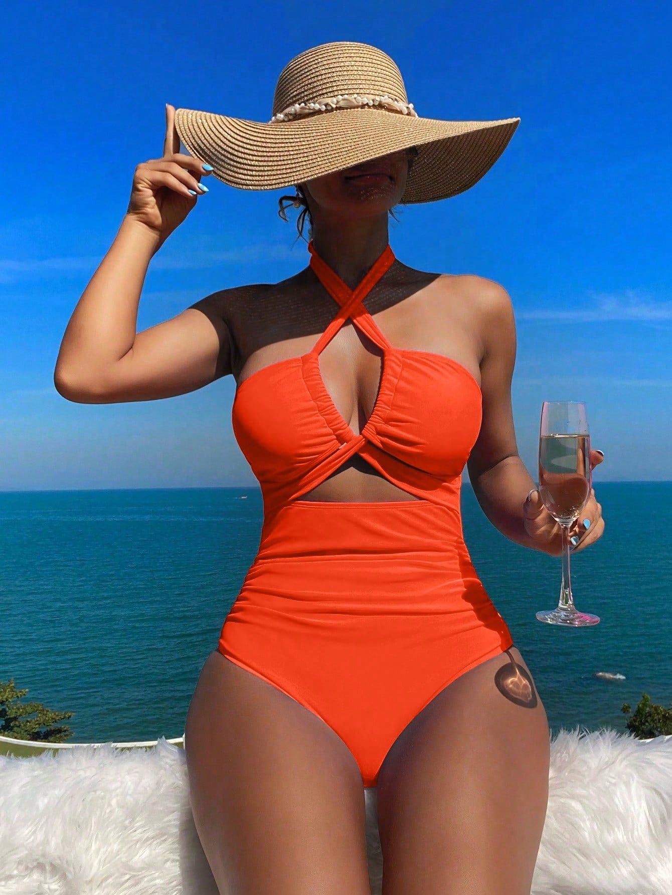 Swim Vcay Summer Beach Solid Color Halter Neck Knotted Cutout One-Piece Swimsuit