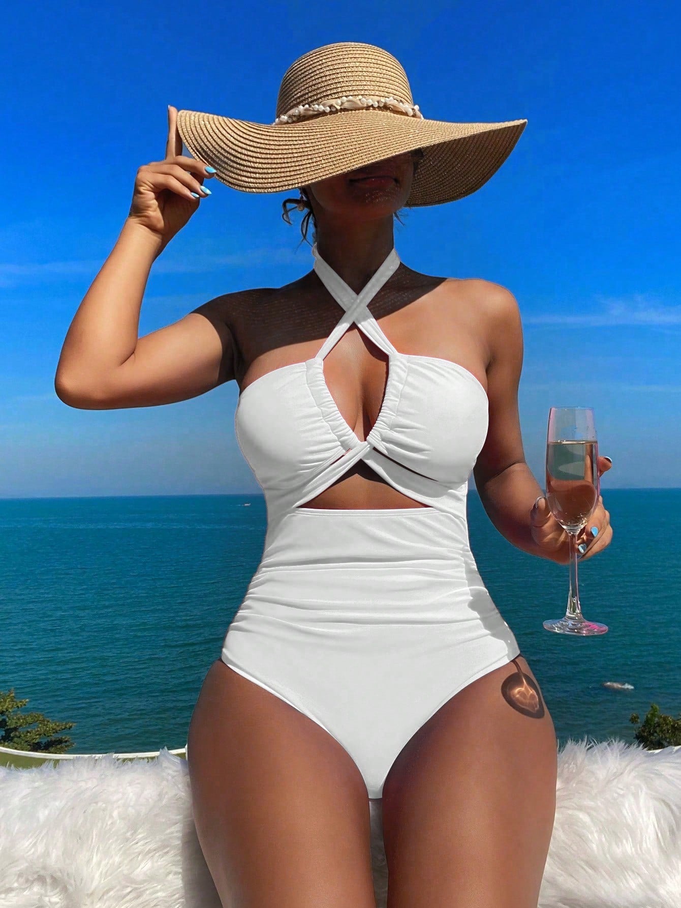 Swim Vcay Summer Beach Solid Color Halter Neck Knotted Cutout One-Piece Swimsuit