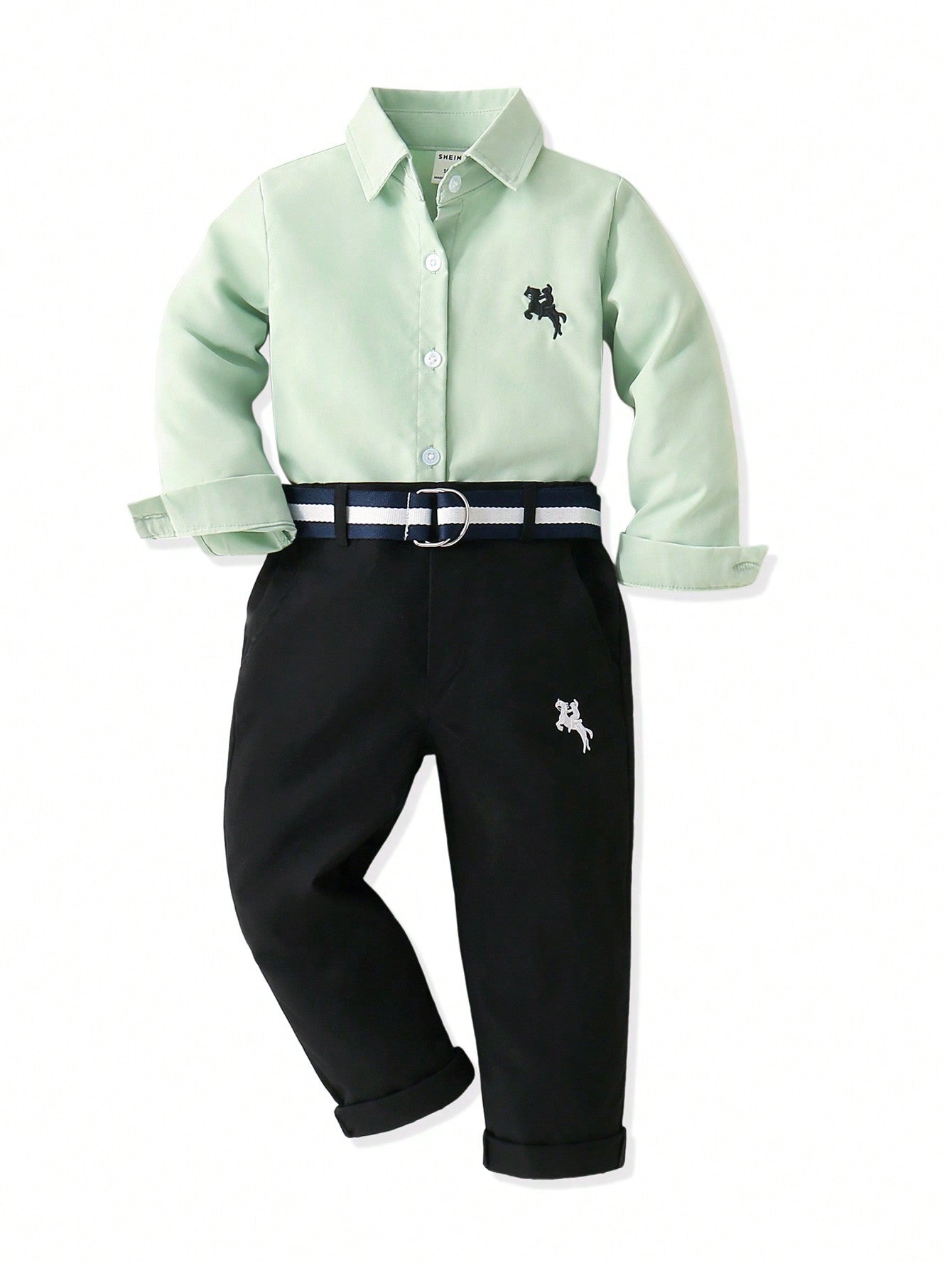 Blossomsprite Kids Young Boy Casual Horse Embroidery Long Sleeve Shirt And Pants Set For Daily Wear