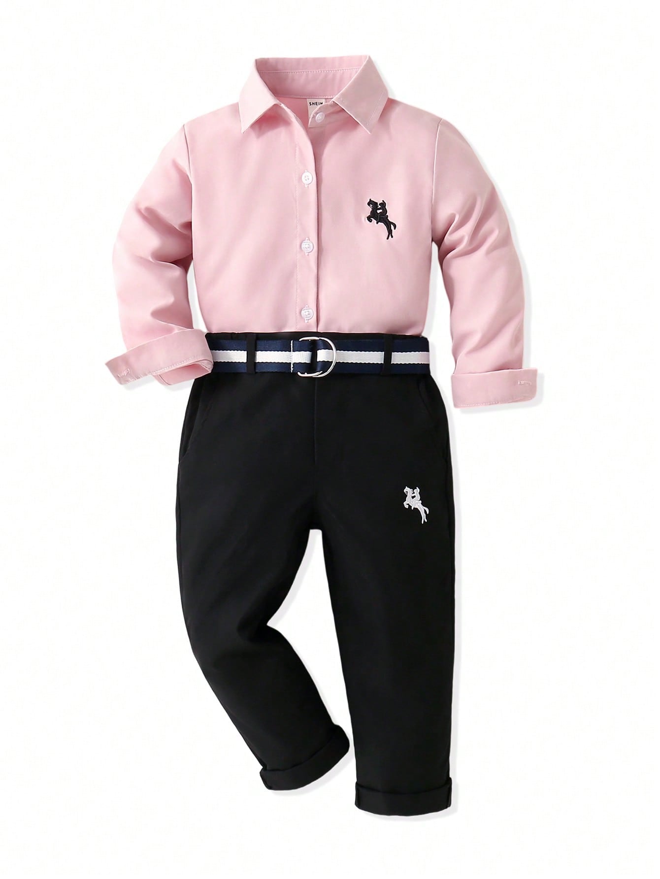 Blossomsprite Kids Young Boy Casual Horse Embroidery Long Sleeve Shirt And Pants Set For Daily Wear