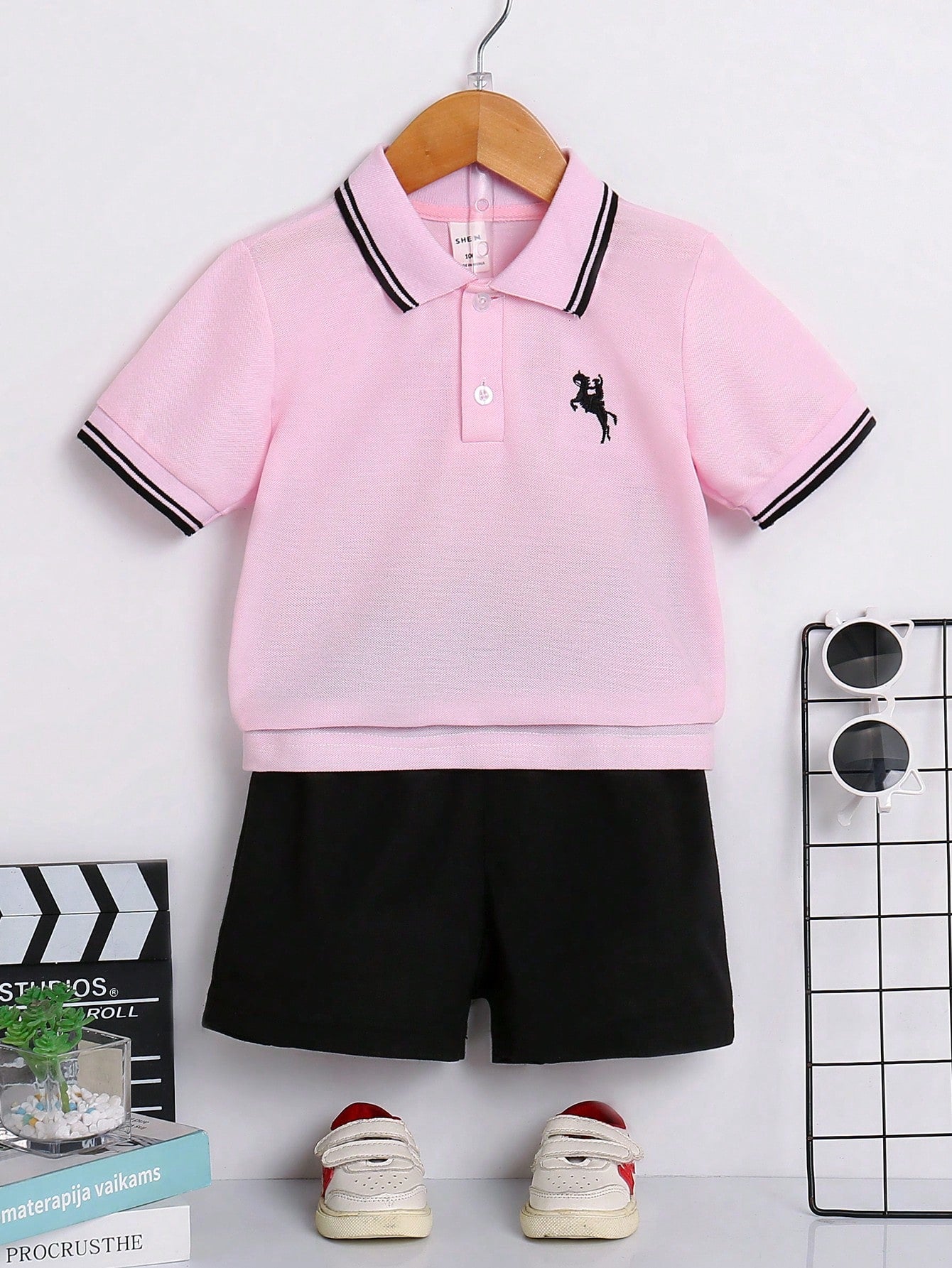 Young Boy Solid Color Striped Polo Shirt With Front Button