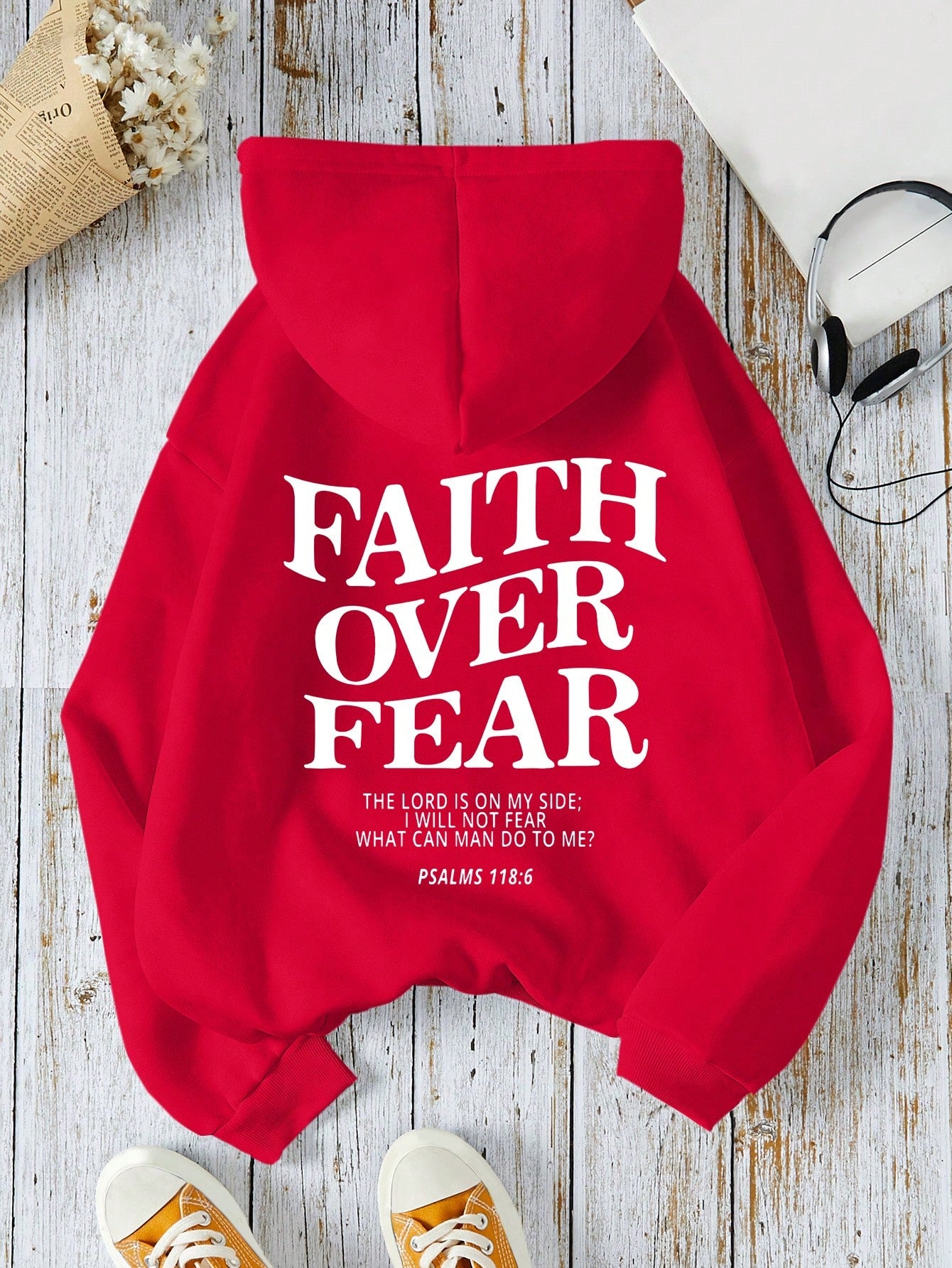 Women Spring And Autumn Loose Casual Hoodie With Slogan And Printed Long Sleeves FAITH OVER FEAR THE LORD IS ON MY SIDE I WILL NOT FEAR WHAT CAN MAN DO TO ME PSALMS 118: 6