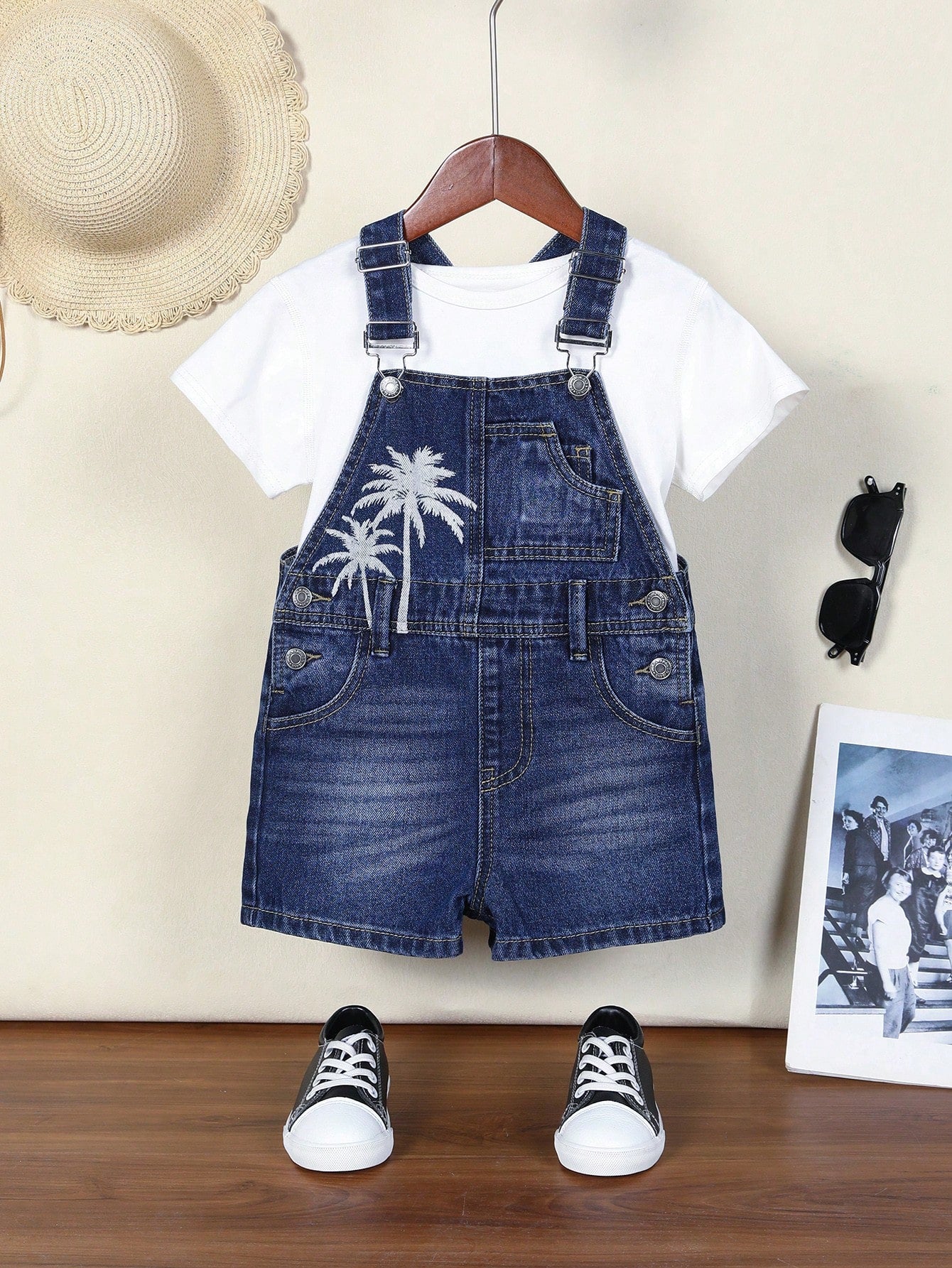 Young Girl Distressed Sand Wash Denim Overall Shorts With Palm Tree Print