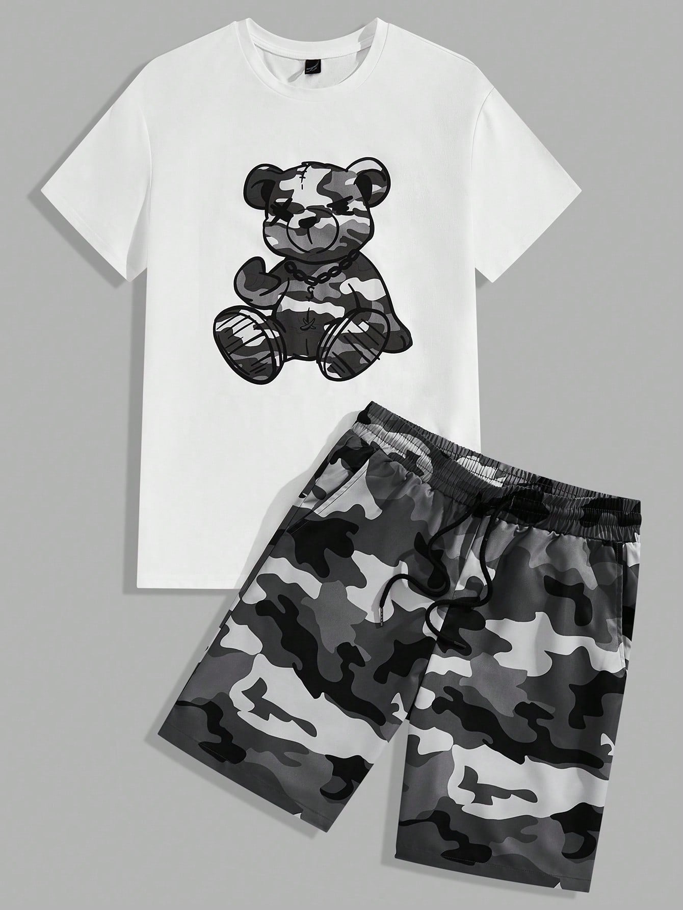 Men's Camouflage Bear Printed Short Sleeve Anime T-Shirt And Shorts Set