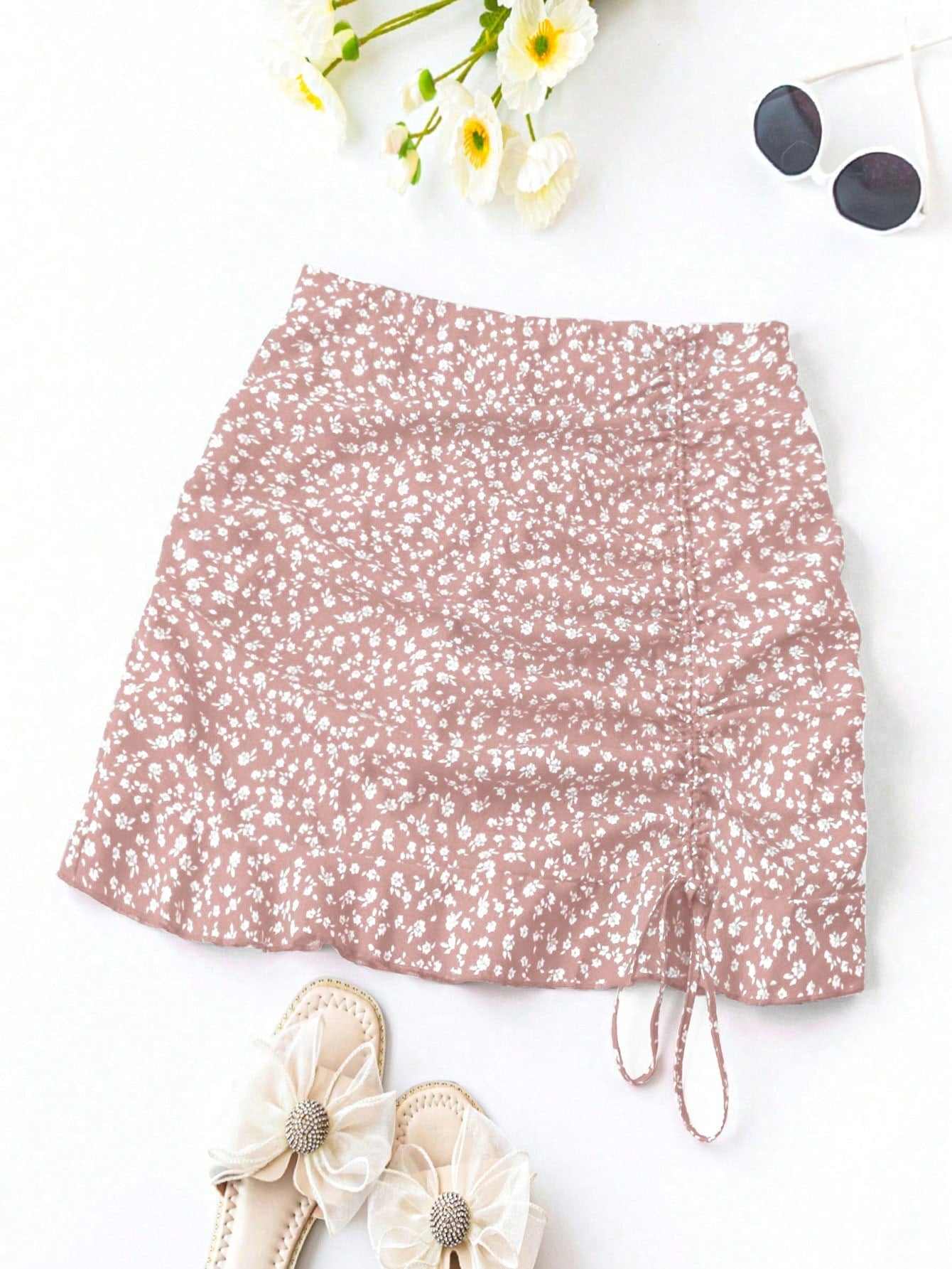 Plus Size Summer Casual Vacation Ditsy Floral Print Drawstring Detail Skirt