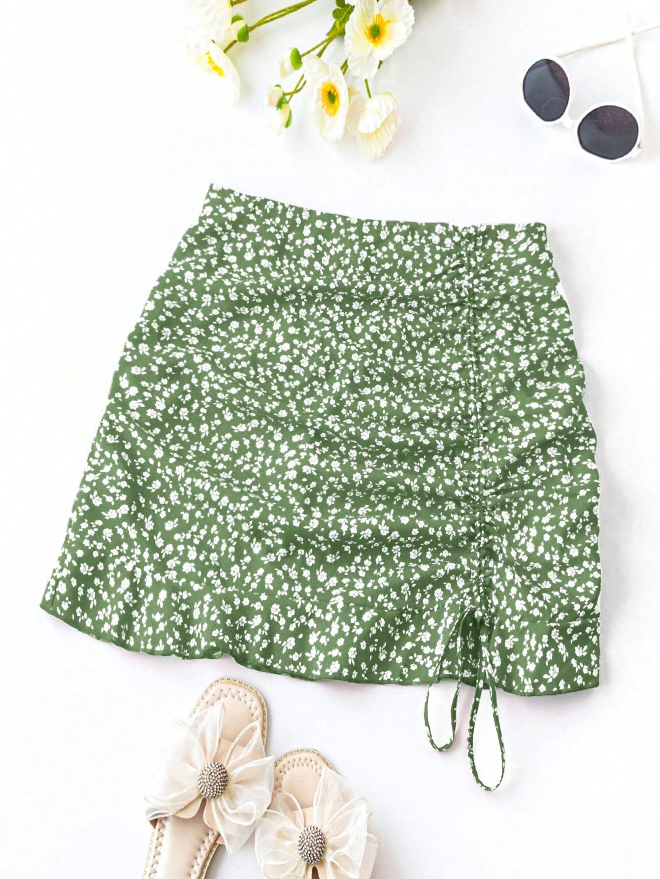 Plus Size Summer Casual Vacation Ditsy Floral Print Drawstring Detail Skirt