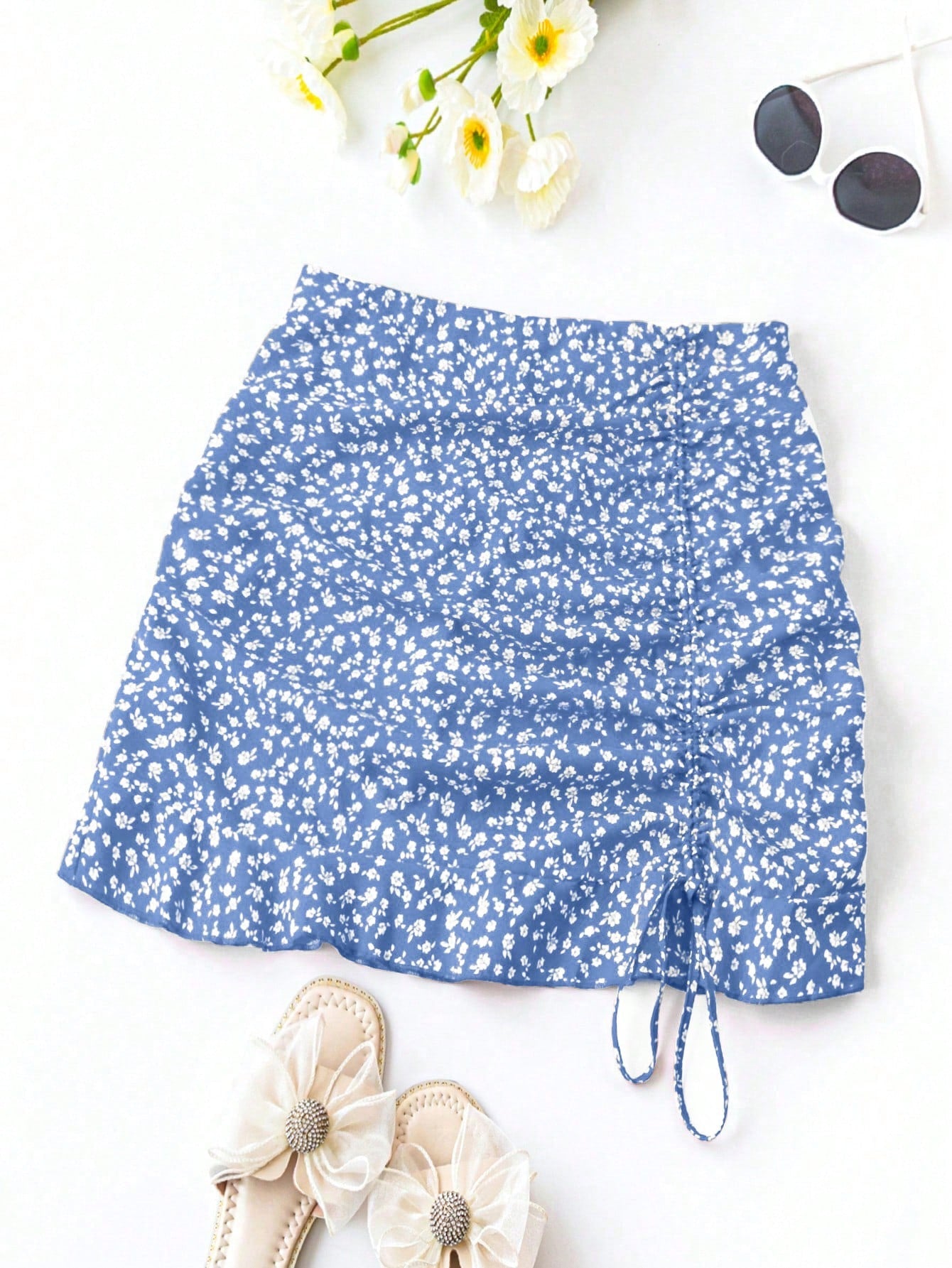 Plus Size Summer Casual Vacation Ditsy Floral Print Drawstring Detail Skirt