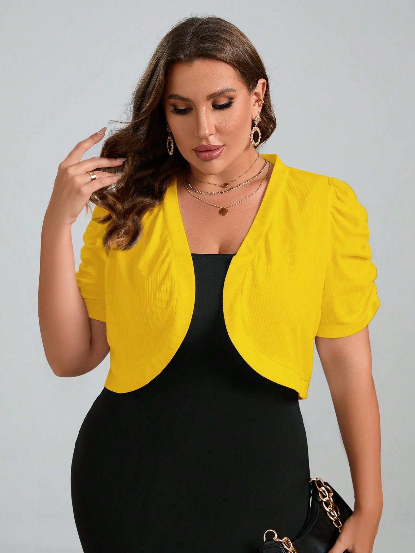 Plus Size Solid Color Short Cropped Jacket With Pleated & Puff Sleeves