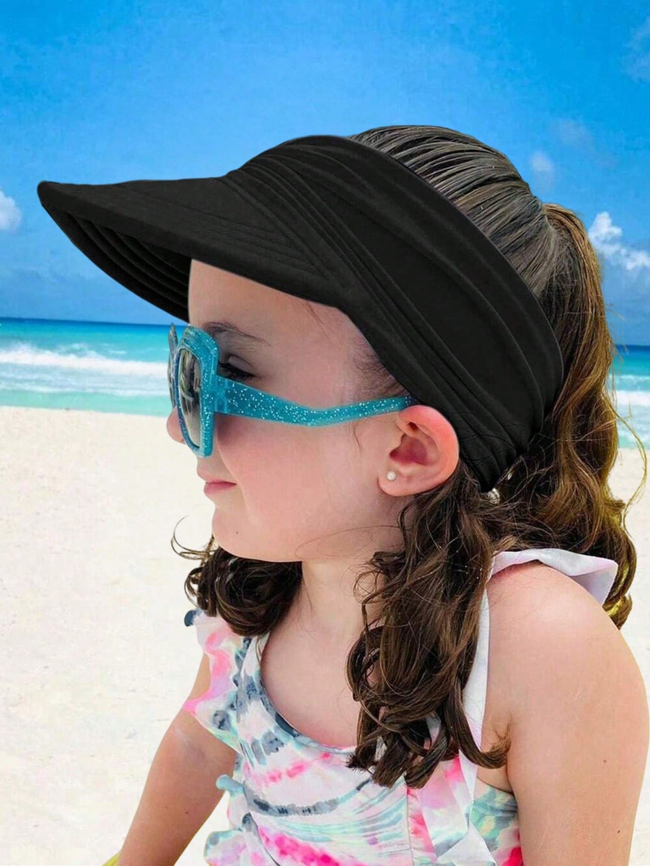 1Pc Kids Girls Summer Hat, Sun Visor Hat Wide Brim Summer UV Protection Beach Cap Elastic Hollow Top Style