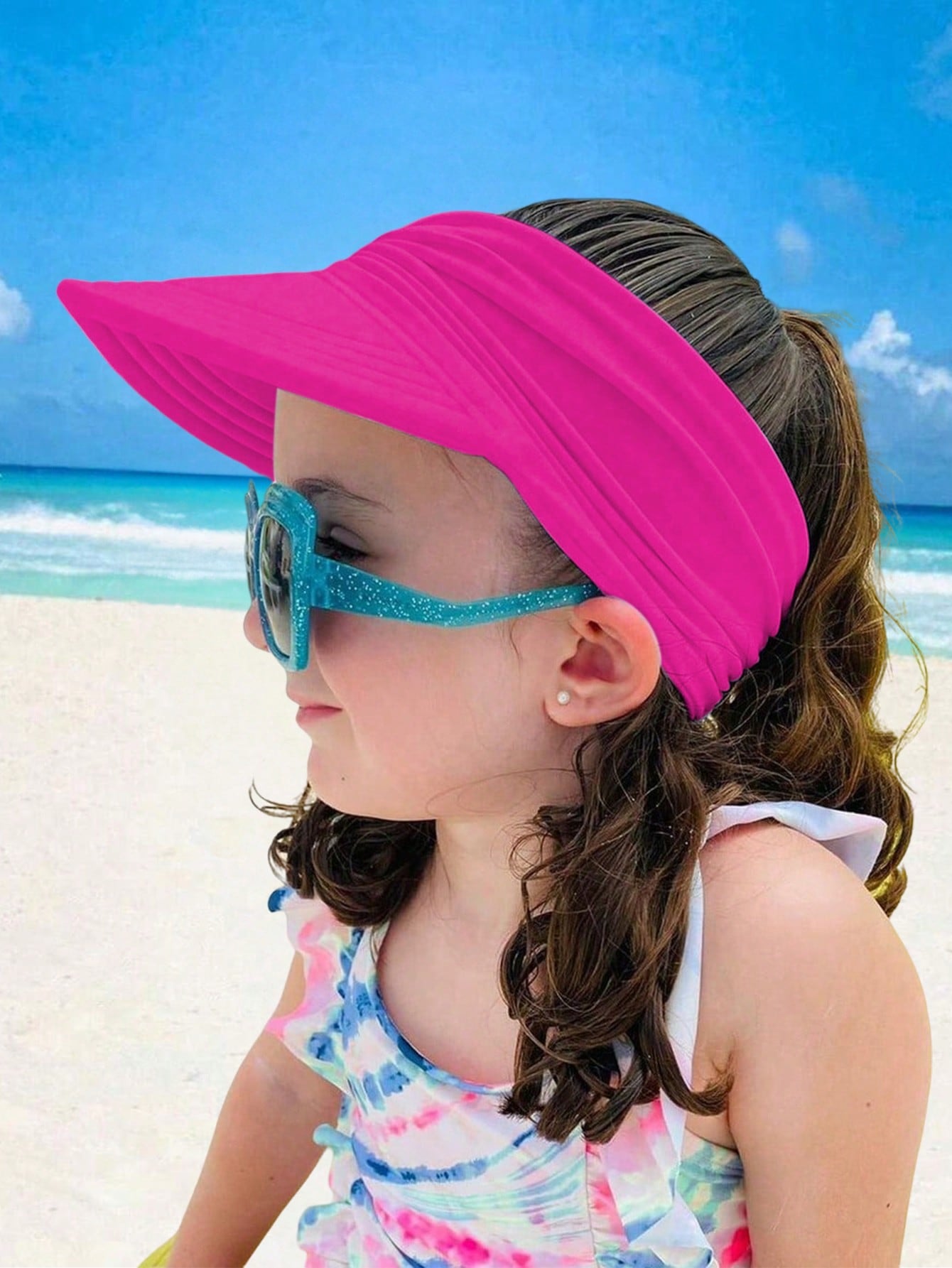 1Pc Kids Girls Summer Hat, Sun Visor Hat Wide Brim Summer UV Protection Beach Cap Elastic Hollow Top Style