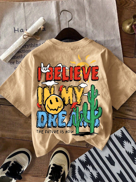 Cartoon Print Short Sleeve Crew Neck T-Shirt For Tween Boys, Suitable For Summer, Back Of Clothes