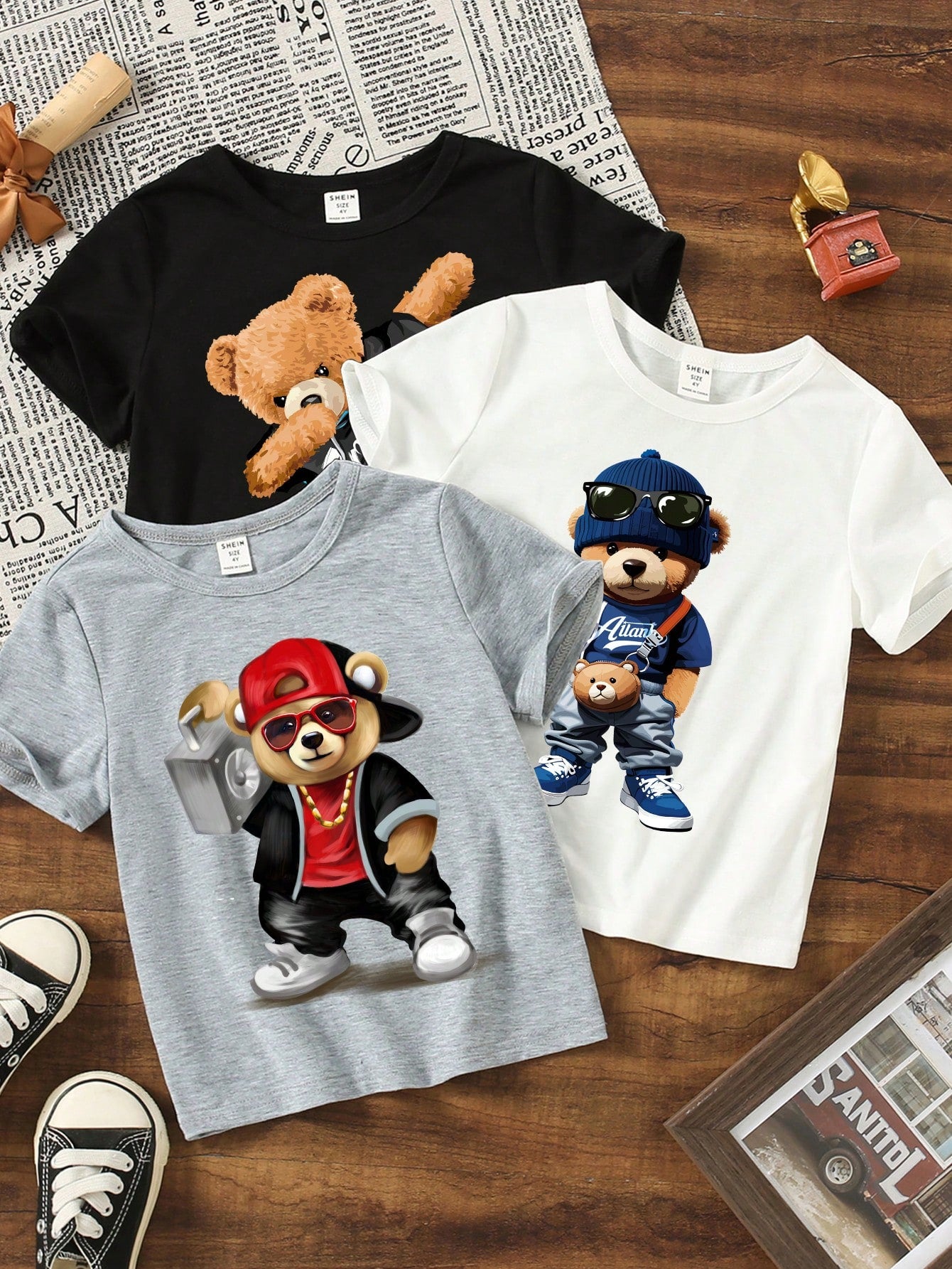 Bear, Cute Bear, Cool Bear, Set Of 3 T-Shirts, Young Boy Casual Minimalist Crewneck Short Sleeve T-Shirt[Suitable For Summer]