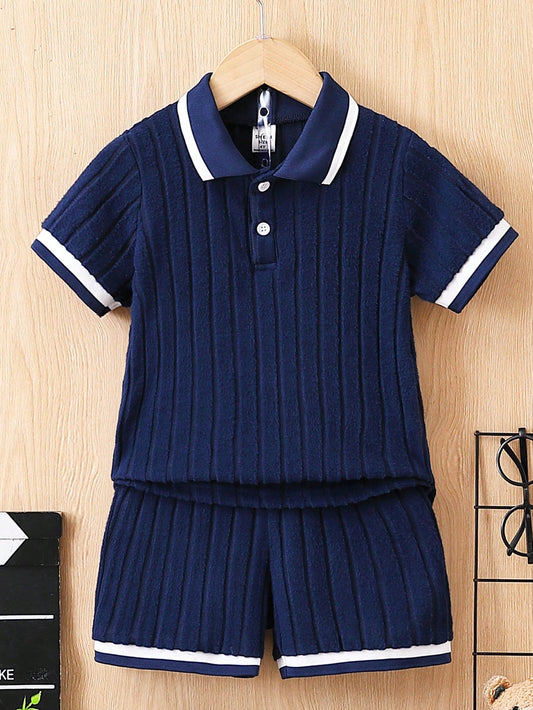 Young Boy Color-Block Trim Short Sleeve T-Shirt And Shorts Set For Summer