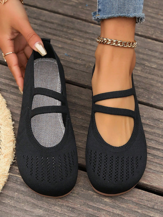 New Fashion Women Elastic Band Knitted Round Toe Breathable Anti-Slip Soft Comfortable Slip-On Shoes Plus Size Monochrome Outwear