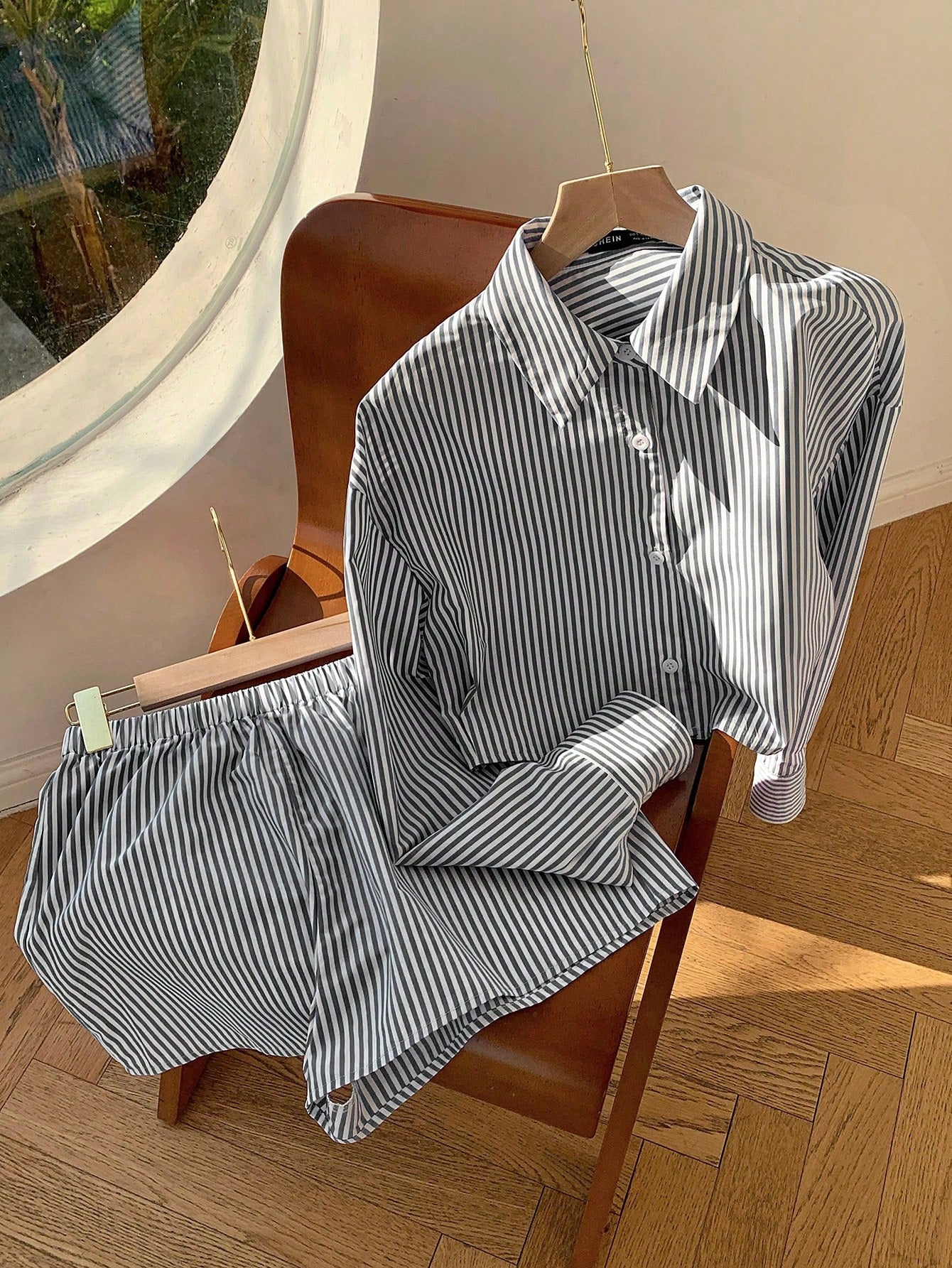 Women's Long Sleeve Stripe Shirt And Shorts Two Piece Set