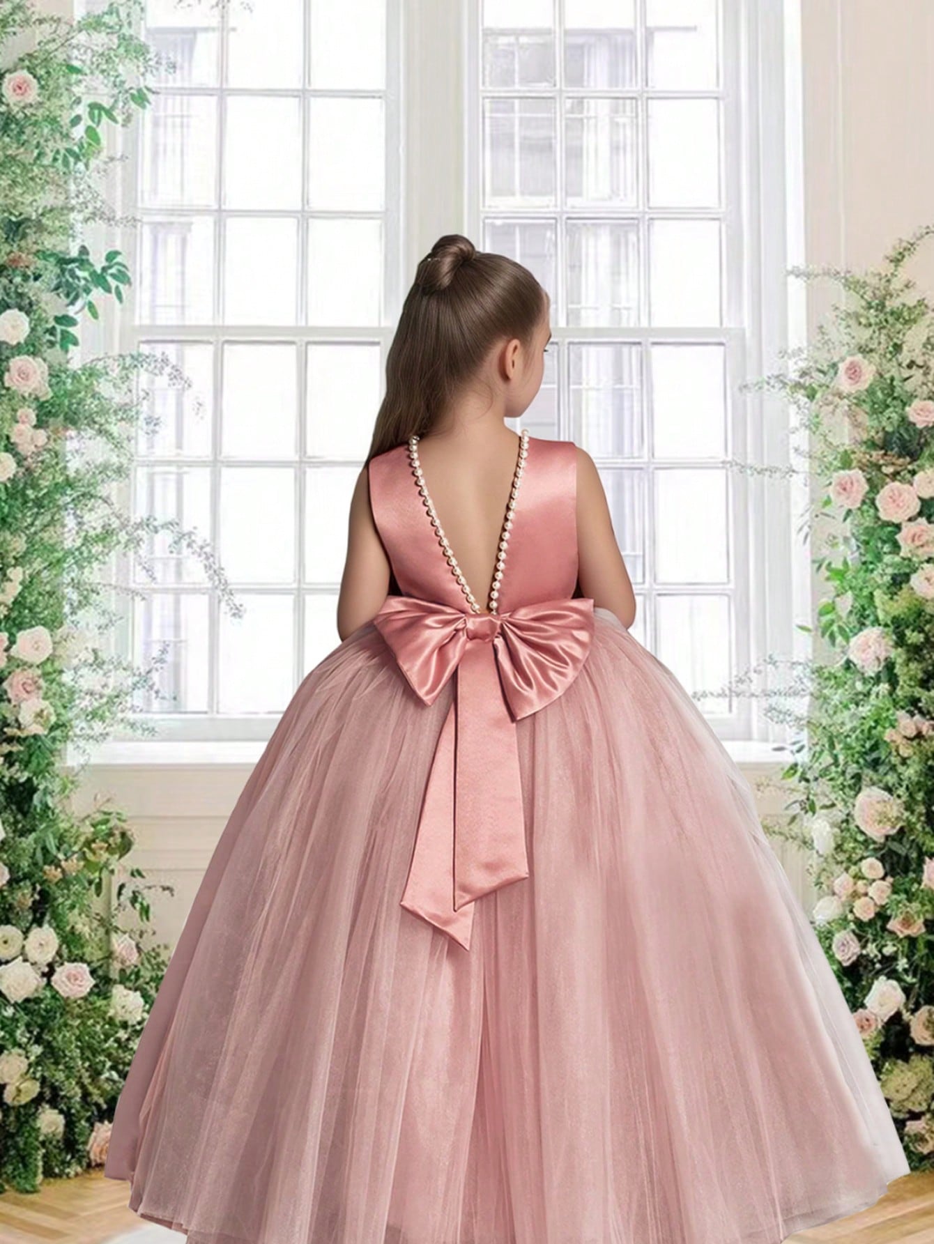 Tween Girl Elegant Pearl-Like Net And Bowknot Splicing Backless Princess Dress, Ideal For Parties, Weddings And Birthdays