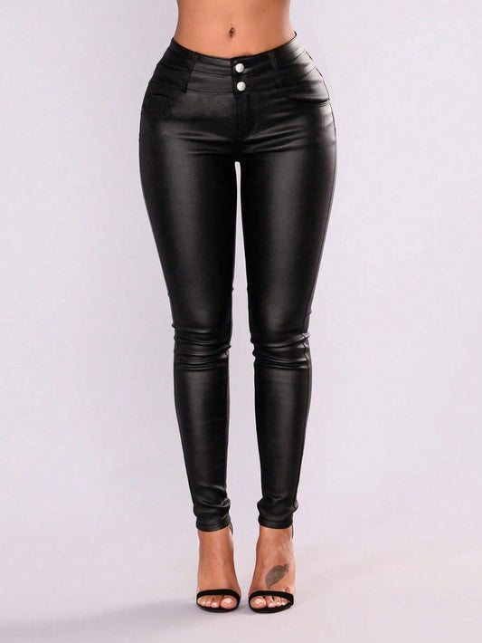 A Slant Pocket Button Front PU Leather Skinny Pants