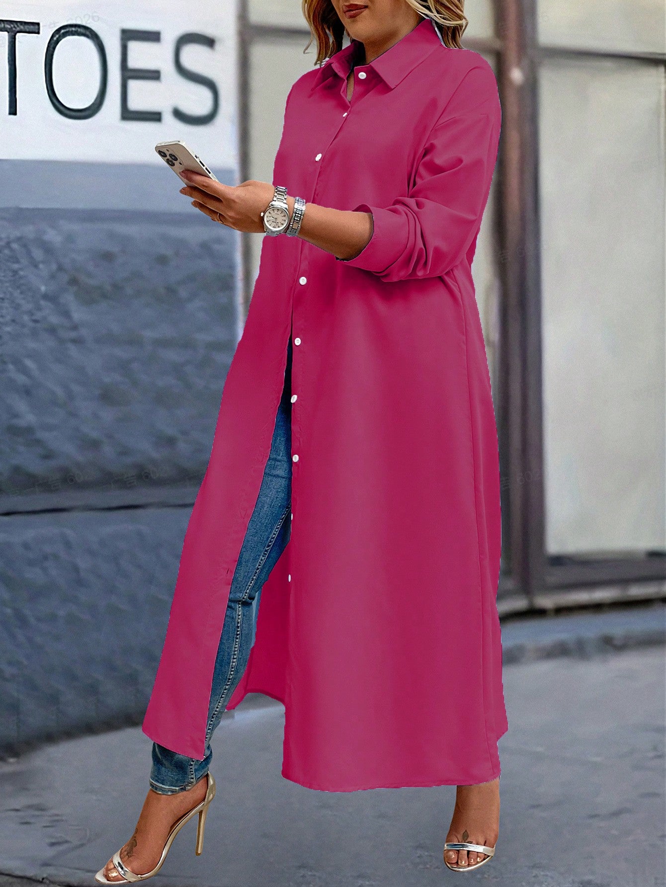 Plus Size Women's Solid Color Long Shirt Dress