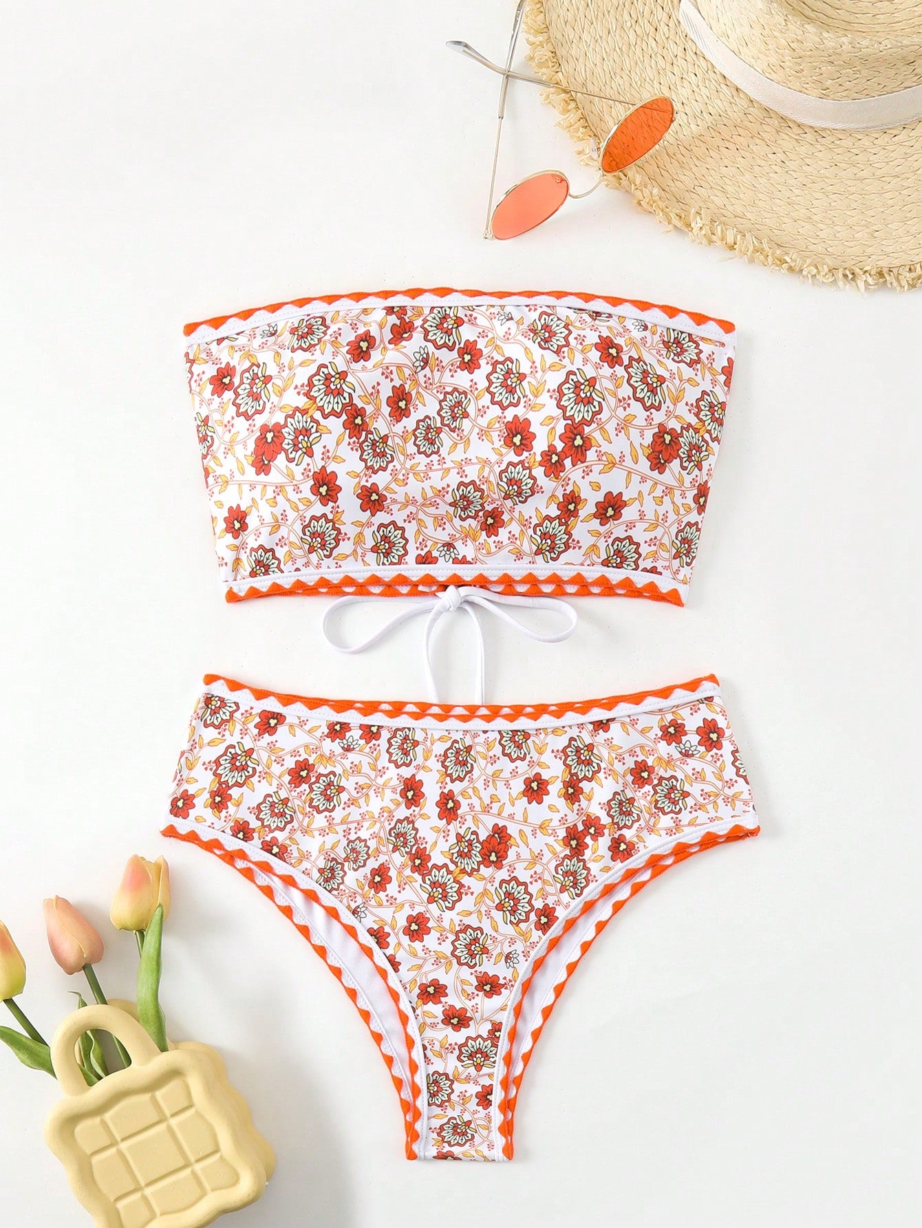 Swim Women's Floral Print Strapless Bikini Set, Random Print, Bandeau Two Piece Swimwear Bathing Suit Beach Outfit Summer Vacation,Summer Beach