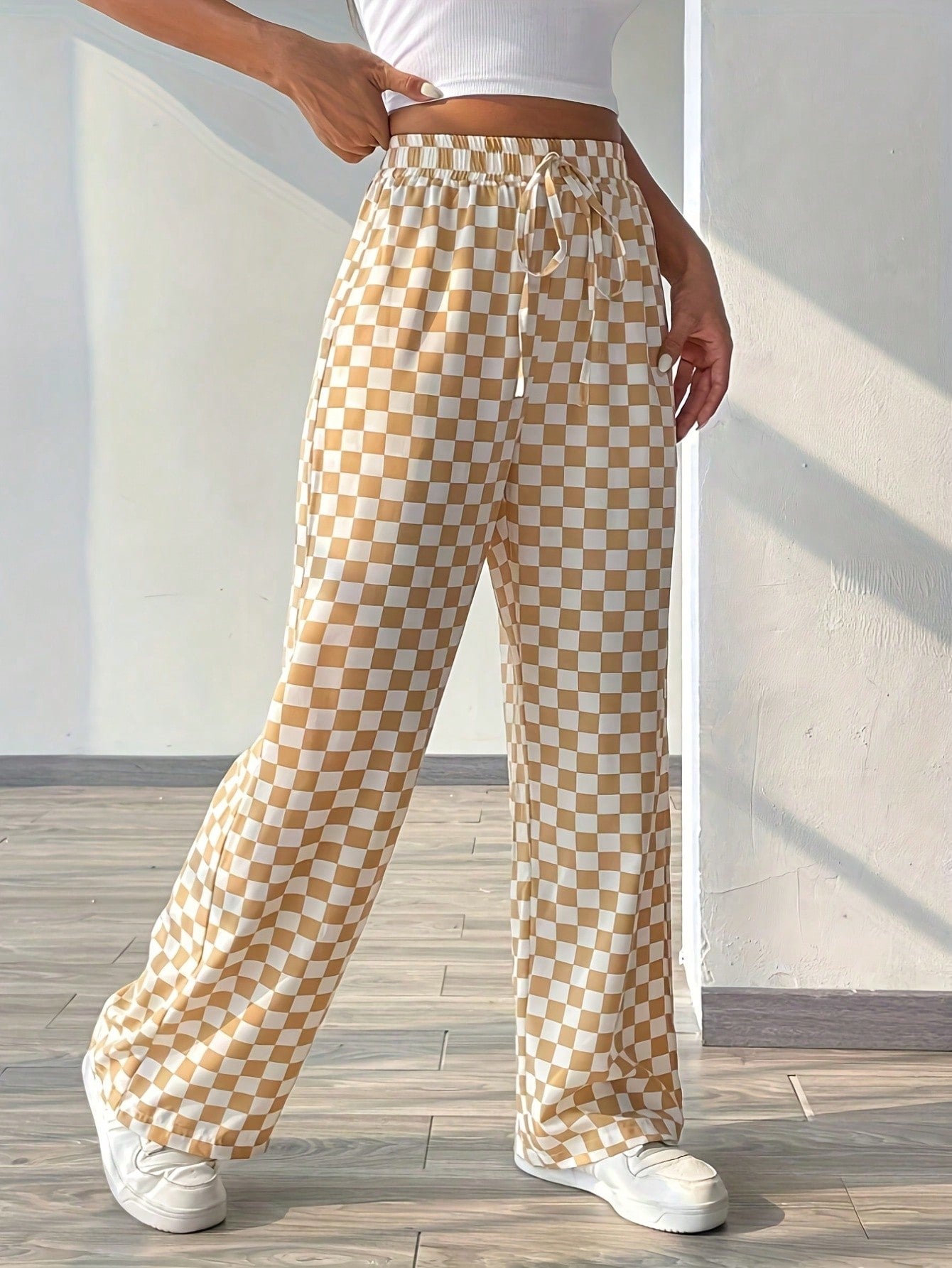 Plaid Printed Loose Casual Wide Leg Pants With Waist Tie