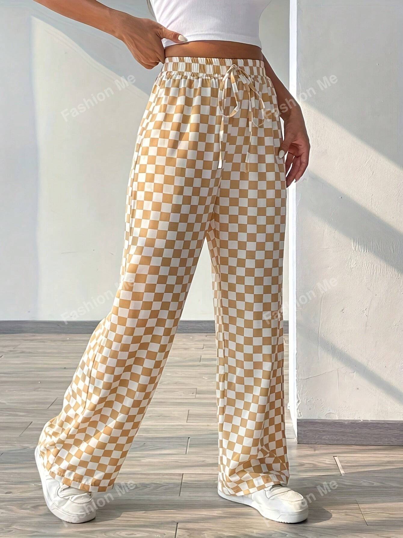 Plaid Print Casual Loose Wide Leg Pants With Tie Waist