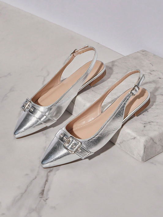 Women's Silver Back Strap Pointed Toe Flat Shoes