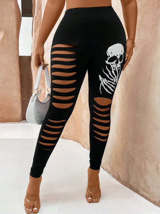 Plus Size Skull Print Hollow Out Fashionable Spring/Summer Leggings